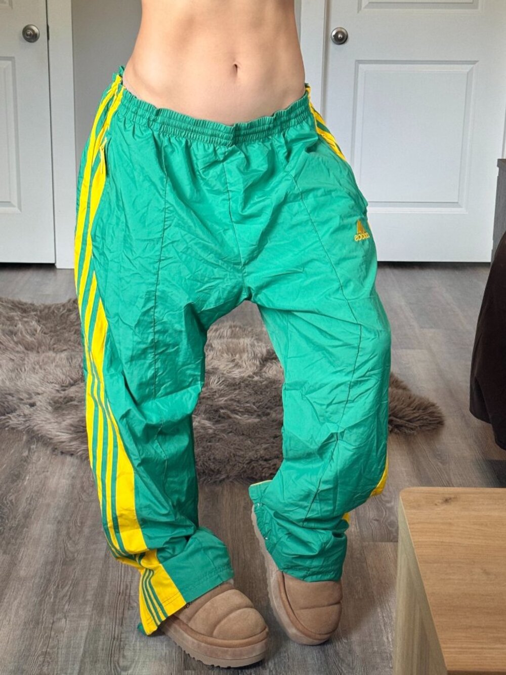 Vintage Y2K Adidas Baggy Low Rise Track Pants XL Green Yellow Sporty Streetwear